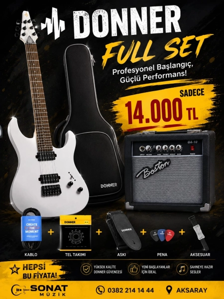 Donner DMT-100 Elektro Gitar (Beyaz) + BOSTON AMFİ FULL SET